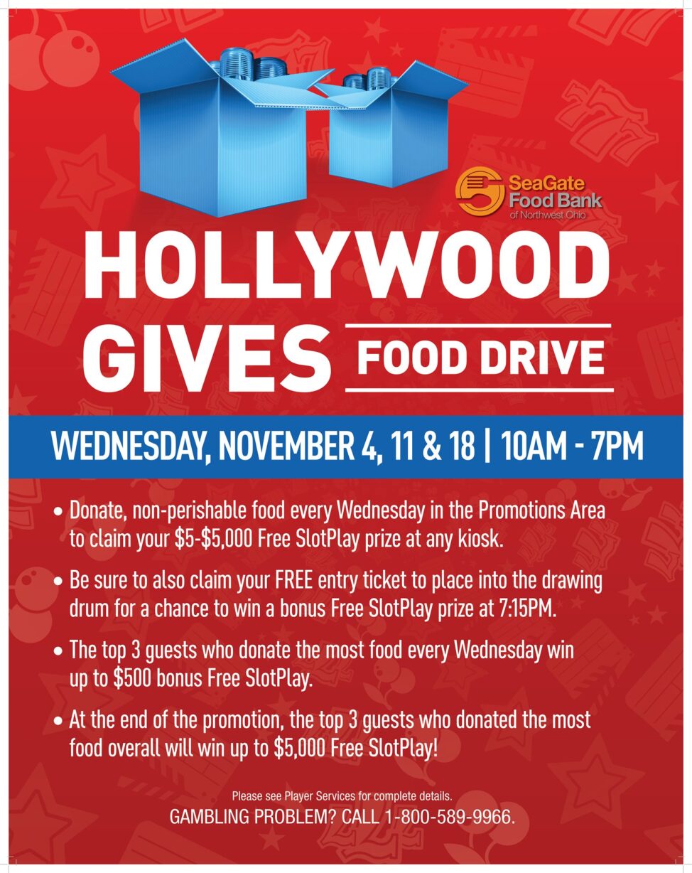 The last day of the Hollywood Gives Food Drive and your last chance to win $5 - $5,000 i...
